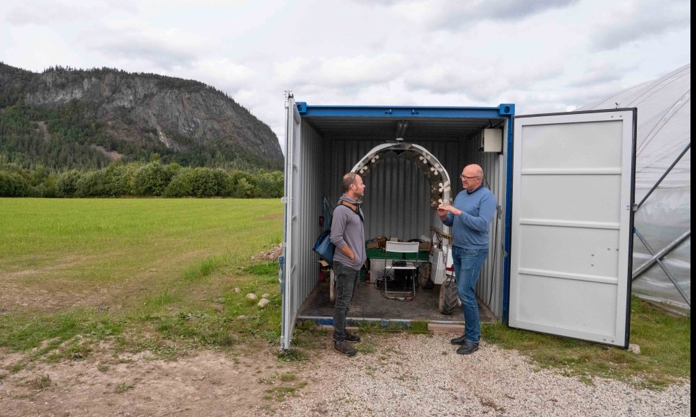 Roboten Thorvald (i midten) fra NMBU belyser plantene med UV-lys og hindrer melduggsopp. SImen Myhrene (t.h) forklarer til CICERO-forsker Bob van Oort. 